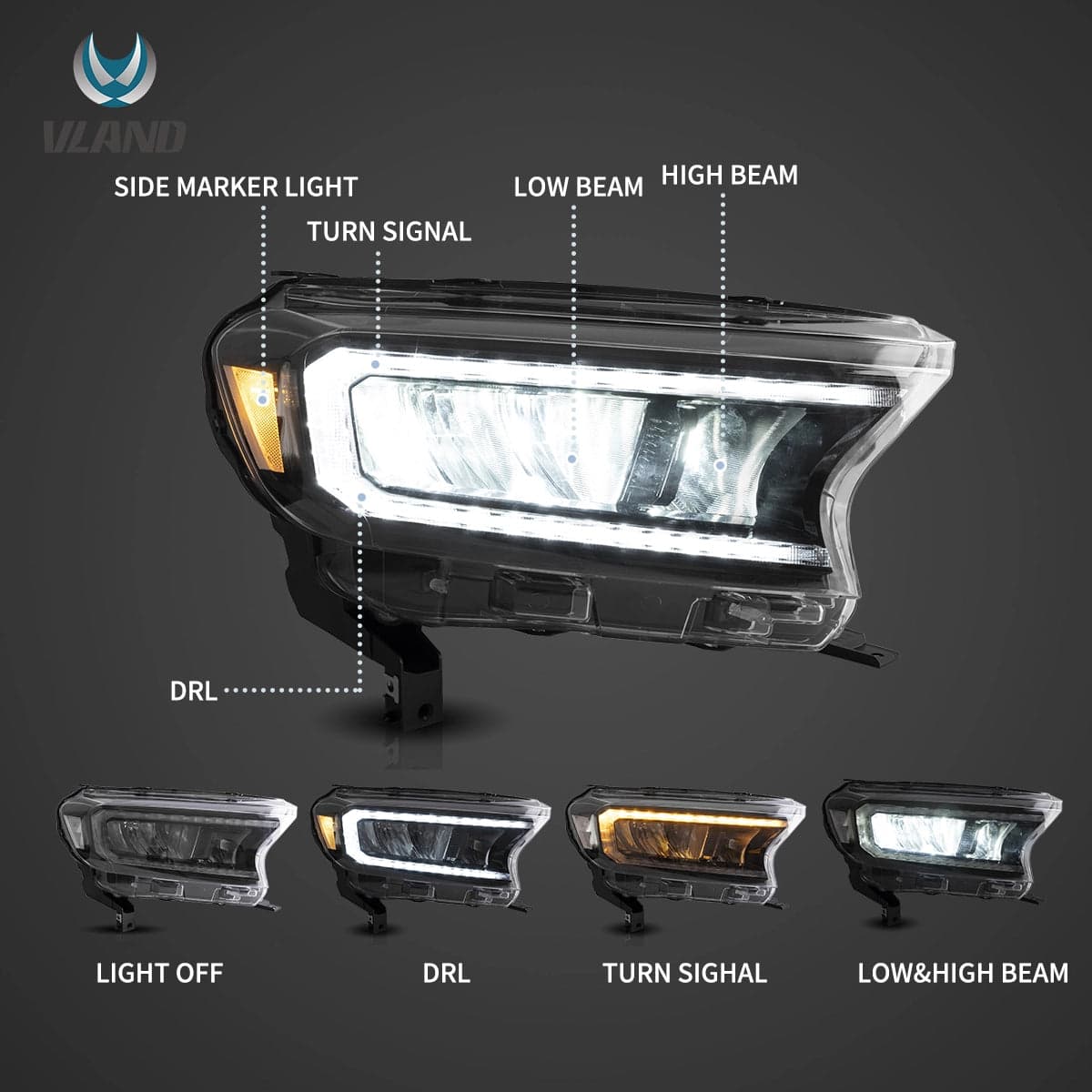 2015-2021 Ford Ranger [International Types] faros delanteros LED de reflector cromado | VLAND view 3