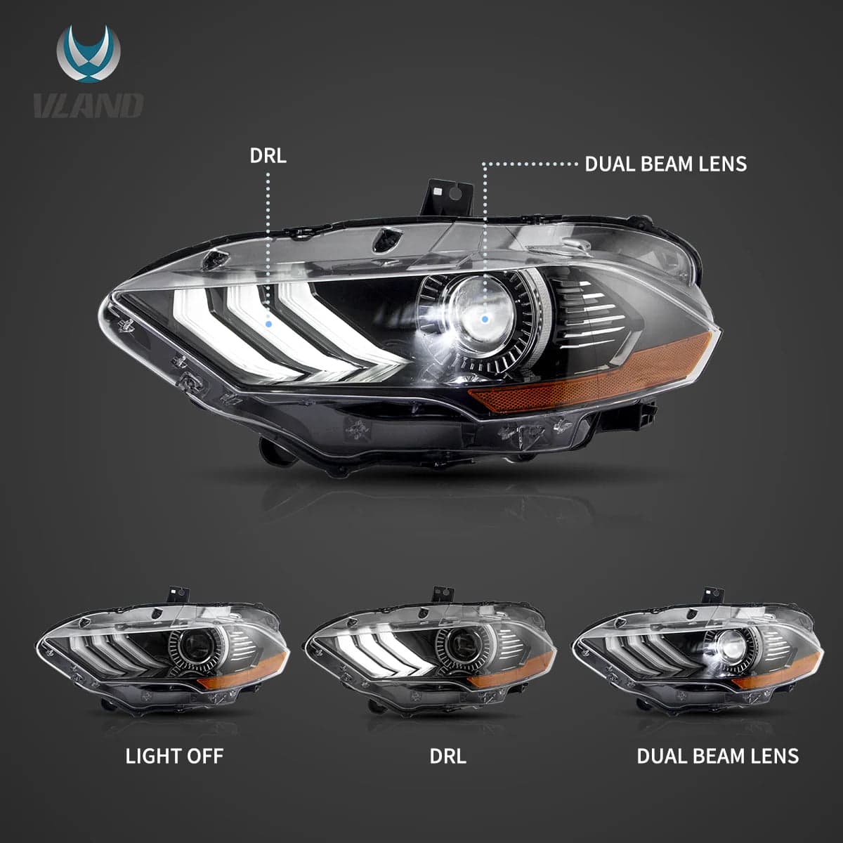 2018-2022 Ford Mustang 6th Gen Facelifted LED Dual Beam Projector HeadLights Black view 3