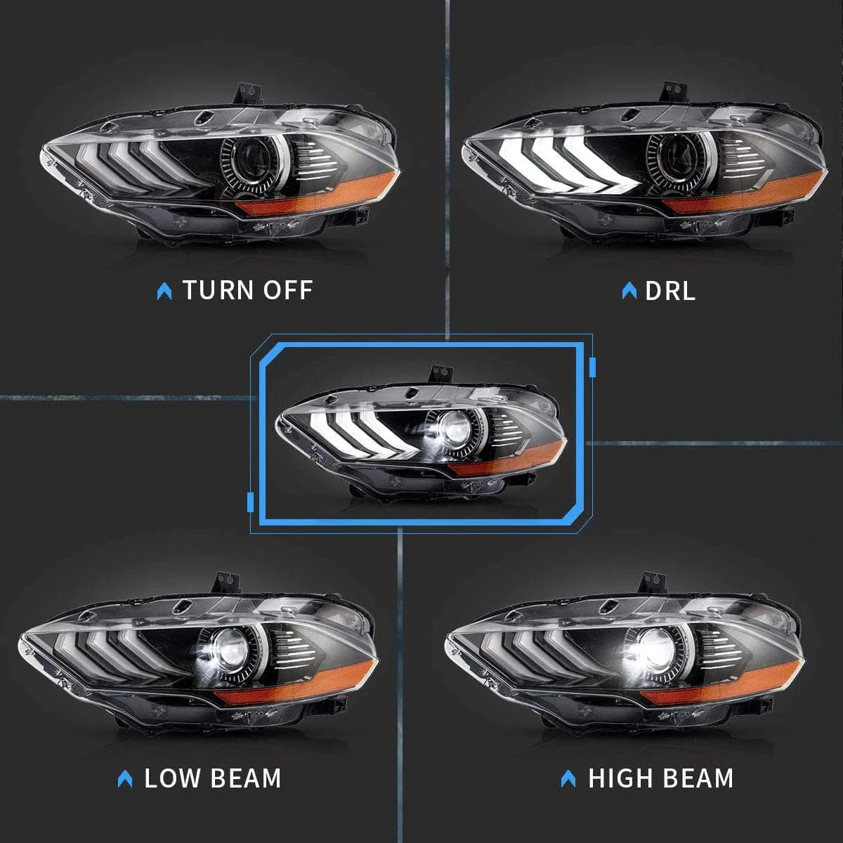 2018-2022 Ford Mustang 6th Gen Facelifted LED Dual Beam Projector HeadLights Black view 4