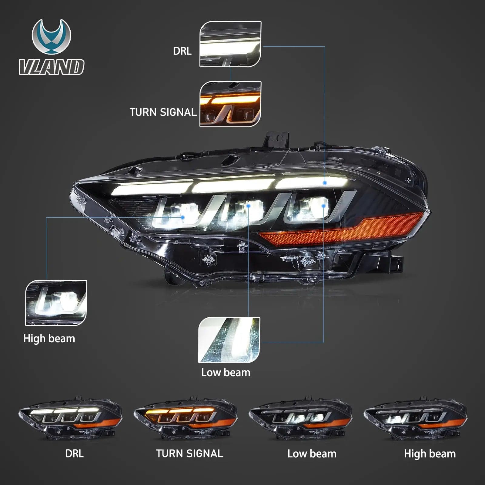 2018-2024 m. Ford Mustang priekiniai žibintai Full LED su S650 Style | VLAND view 4