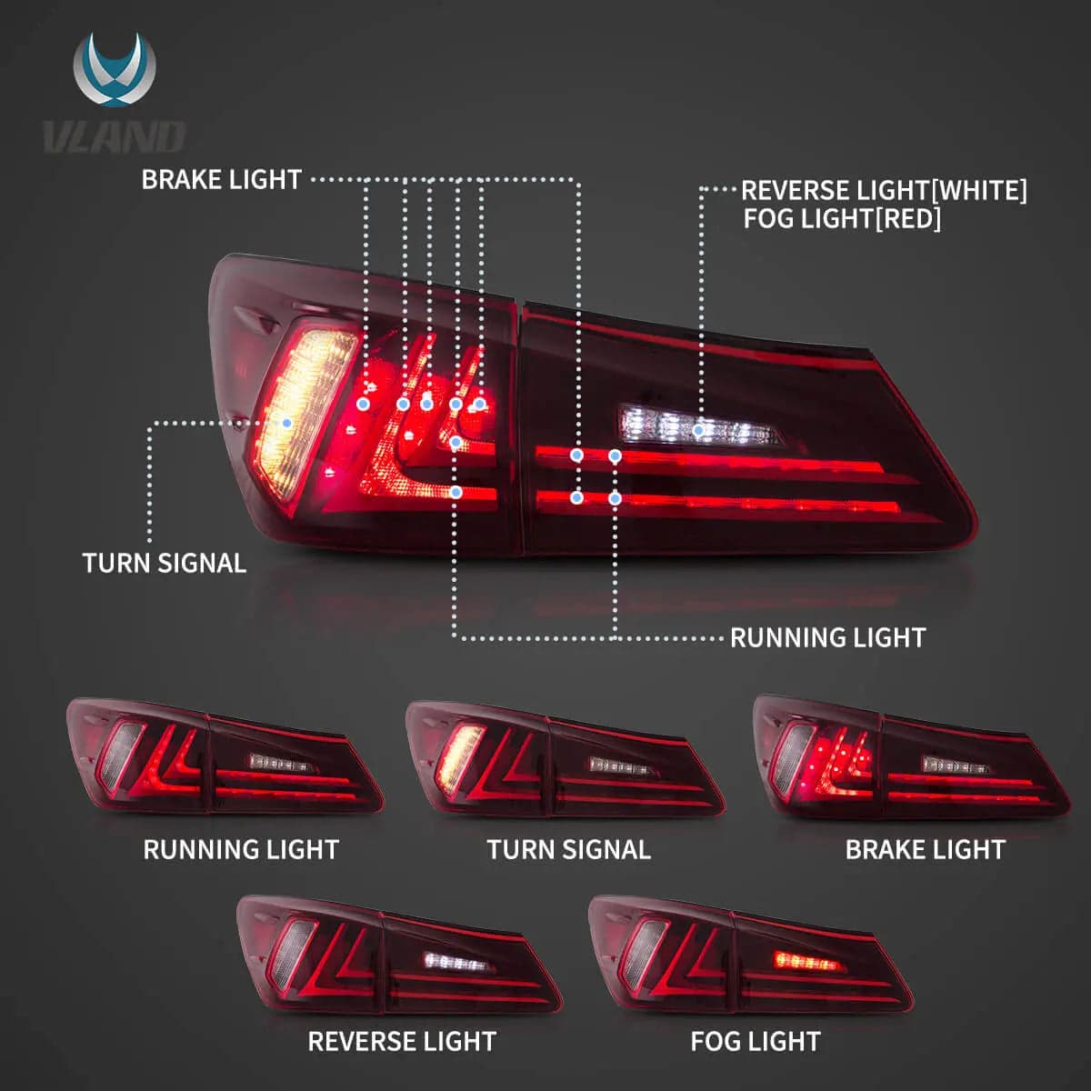 Fanali posteriori LED per Lexus 2006-2012 IS250 IS350 ISF lente rossa | VLAND view 6