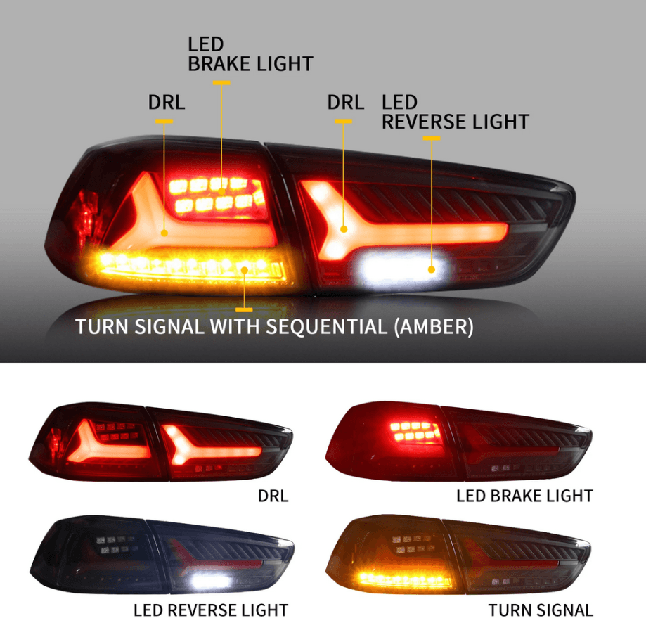 LED galiniai žibintai skirti Mitsubishi Lancer EVO X 2008-2018 su sekvenciniu posūkio signalu | VLAN