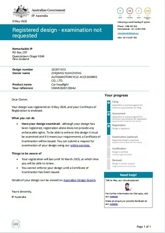 Australian designs register certificate