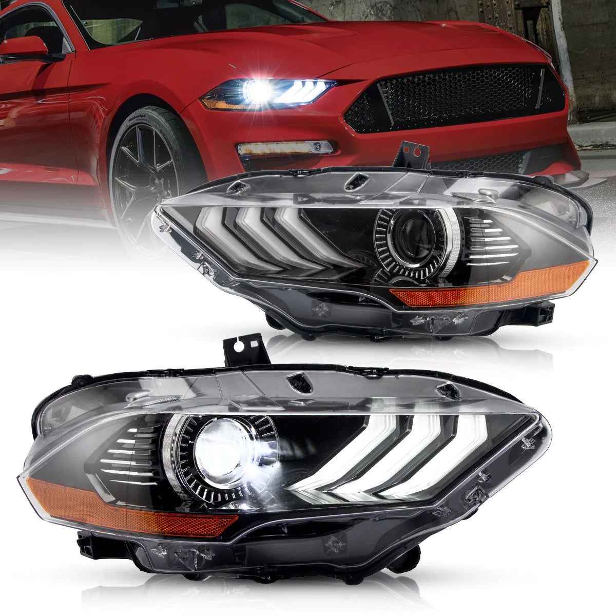 2018-2022 Ford Mustang 6th Gen Facelifted LED Dual Beam Projector HeadLights Black